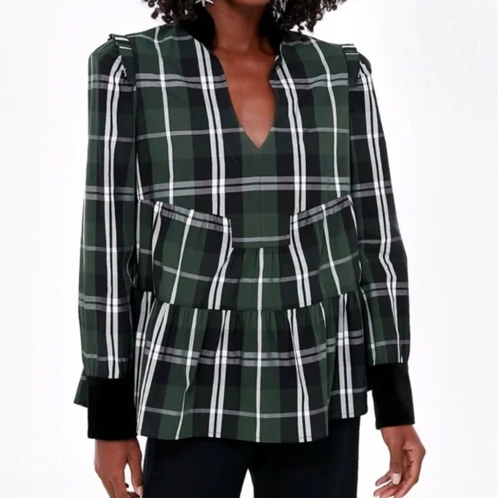 Tuckernuck Green Tartan Blouse Split Neck Ruffle Long Sleeve Top Size S